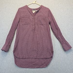 Merona Women’s Striped Tunic Top Large | Burgundy Long Sleeve Button Front Shirt